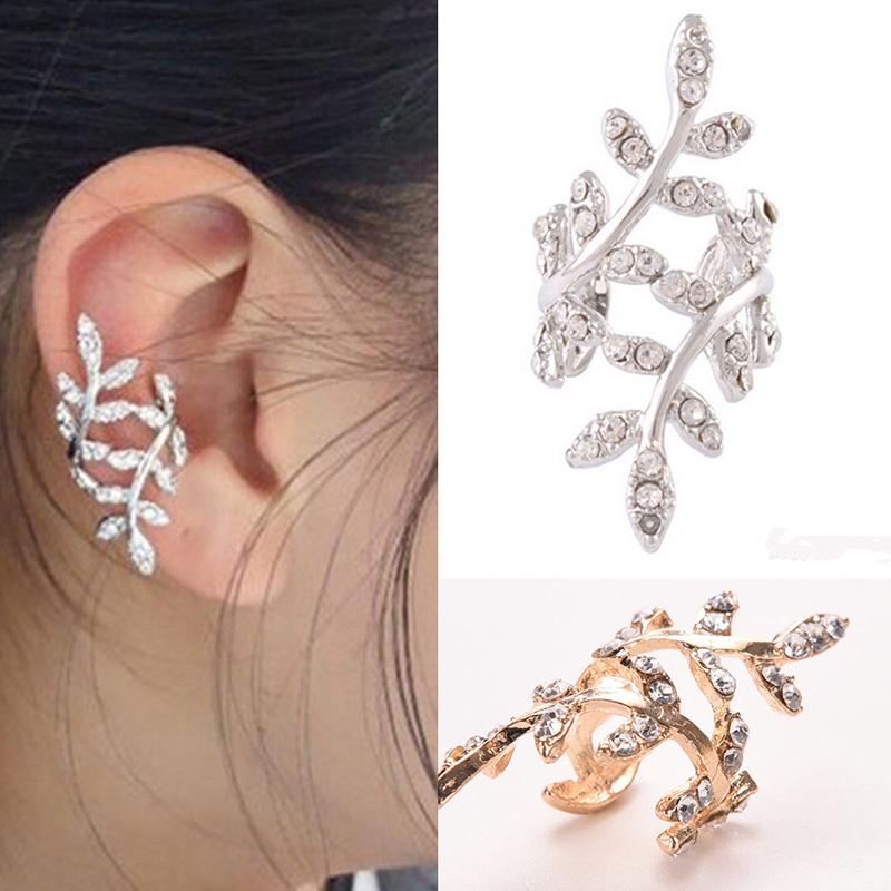 Retro Crystal Earings Rhinestone Leaf Ear Cuff Earrings Warp Clip Ear Clip Women's Jewelry 1PC Graceful