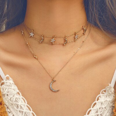 Multilayer Crystal Moon Necklaces & Pendants For Women Vintage Charm Gold Choker Necklace Bohemian Jewelry: star moom