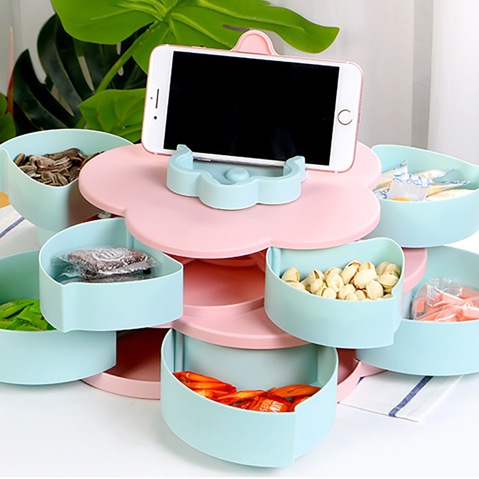 Lazy Fruit Dish Double Layers Snack Box Candy Plates Petal-shape Rotating Trays Box Dried Fruit Storage Organizer Box