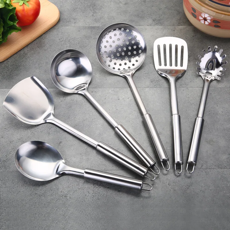 Stainless Steel Kitchen Utensils Set With Magnet 1 Round Handle Cooking Tools Seven Piece Set Includes Spatula And Wok