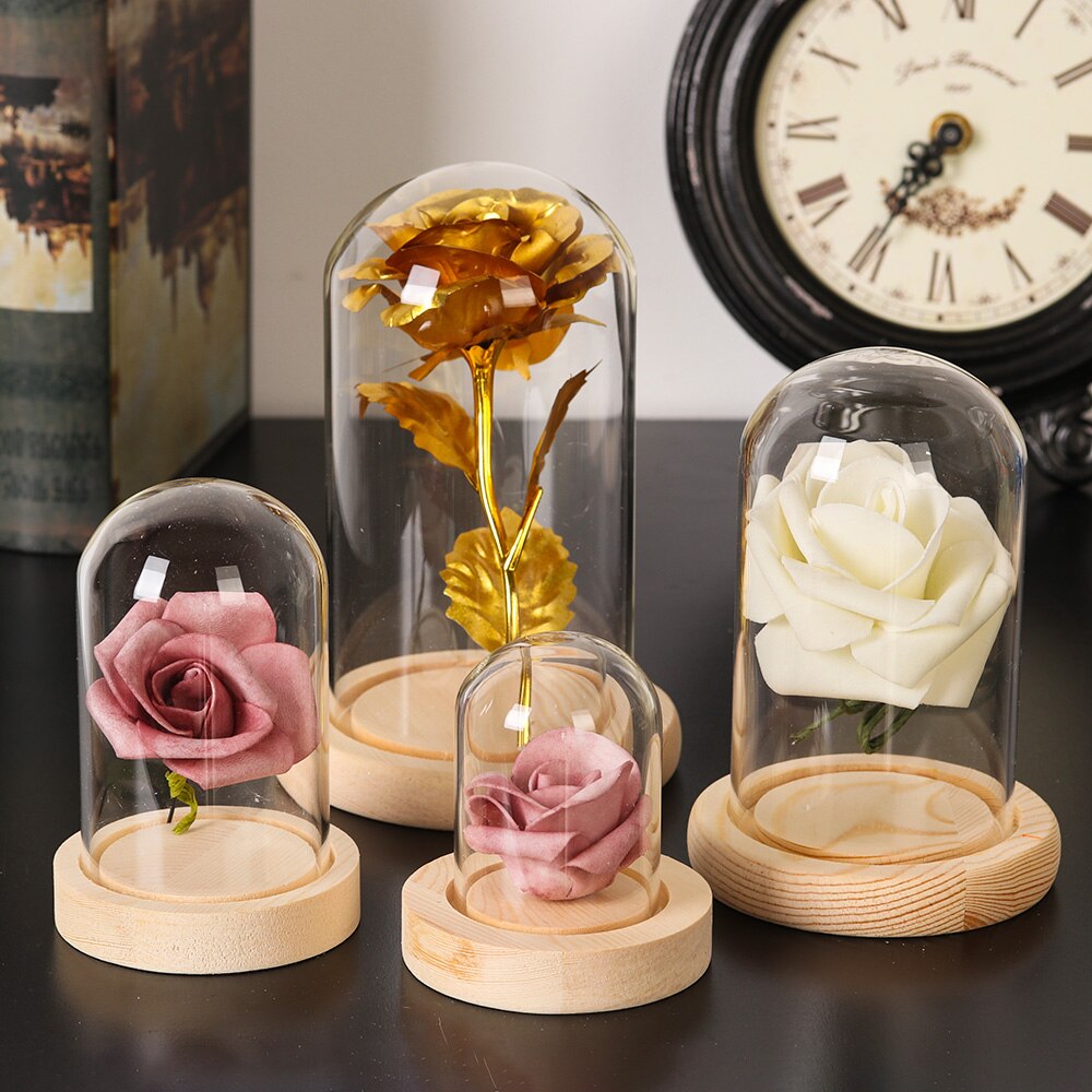 Glas cloche krukke display stand dække terrarium flaske med træ base akryl støv dække display kasse udødelig blomsteræske