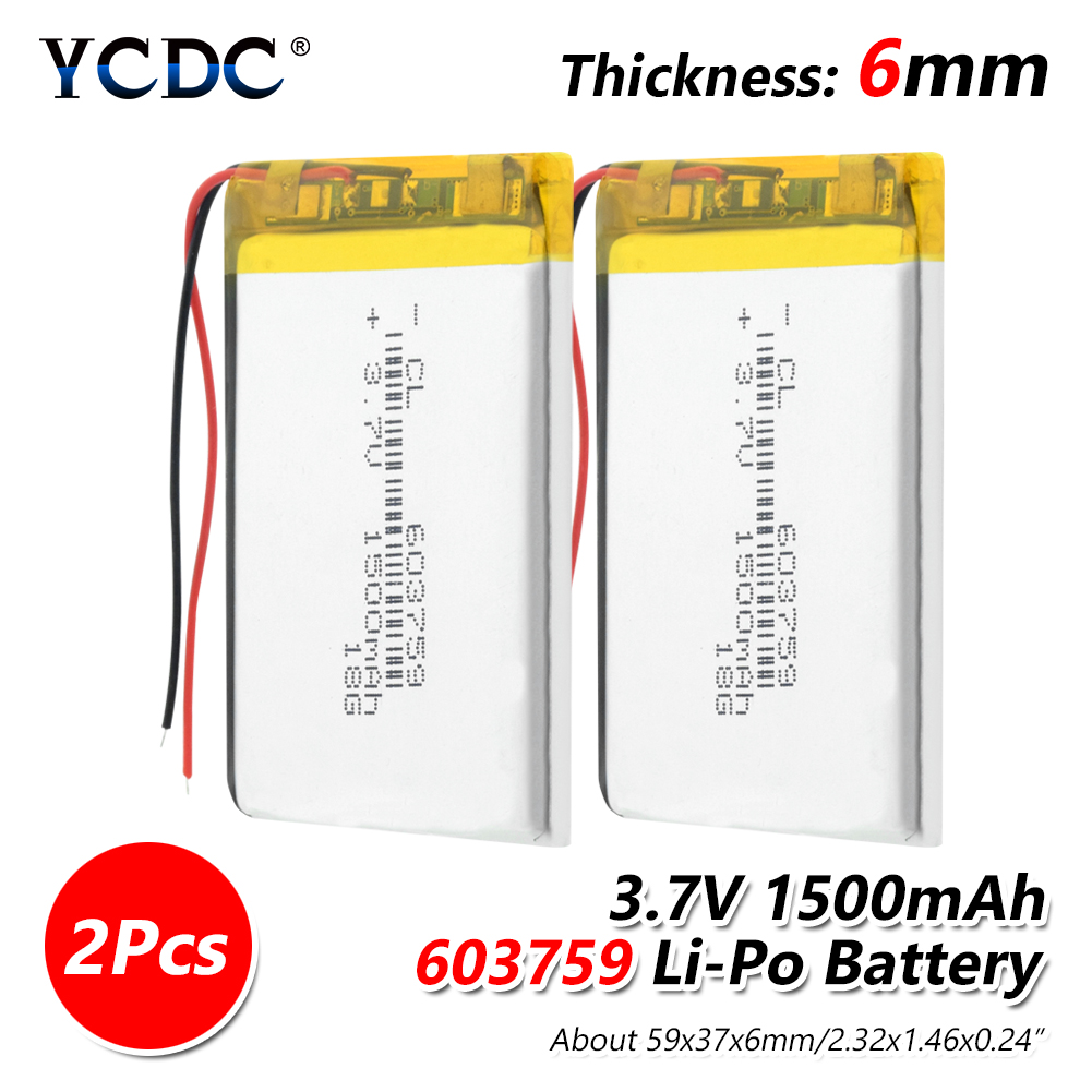 Rechargeable 3.7V polymère lithium batterie 603759 063759 1500mAh batterie avec PCB pour jouet MP3 MP4 GPS haut-parleur lumière LED caméra: 2Pcs