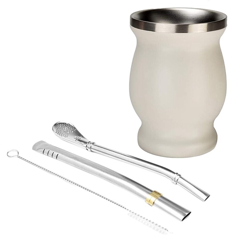 Double-Wall Stainless Yerba Mate Gourd Tea Cup Set Coffee Water Cup With 2 Bombillas Straws Spoon ＆ Clean Brush: white