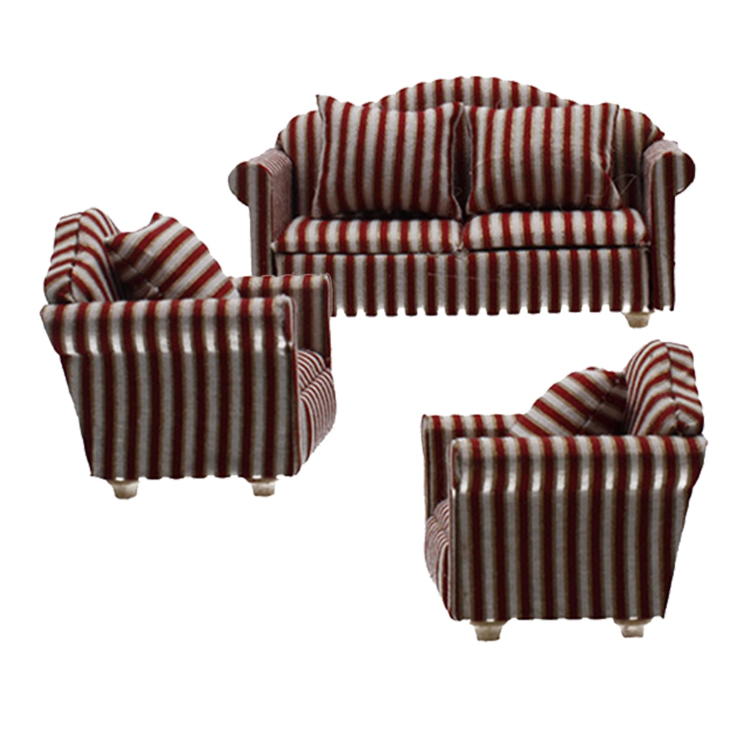 Miniature Dollhouse Furniture Striped/Floral Sofa Couch with Cushions for Dolls House