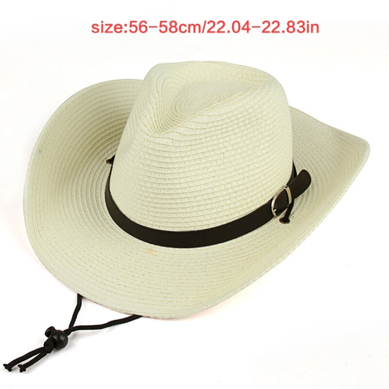Western Cowboy Hat Simple Straw Hat with Windproof Rope &amp; Sweat Absorbent Inner Band All-match for Street Strolling