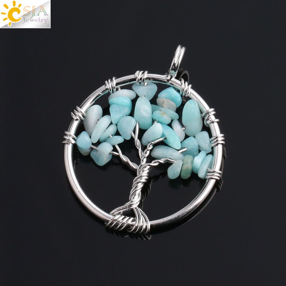 CSJA Tree of Life Necklace &amp; Pendant Silver Color Crystal Natural Gem Stone Chip Beads 7 Chakra Wire Wrapped Women Jewelry F141: Aquamarine