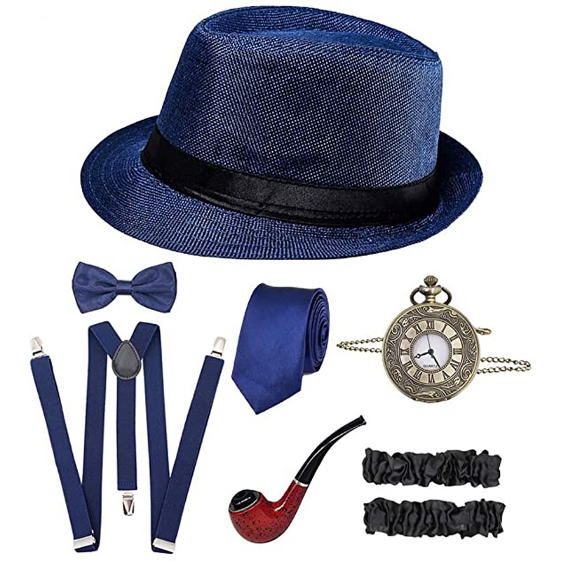 Cosplay kostyme 1920s herre gatsby gangster kostyme 8 stk tilbehørssett for mann: Blå