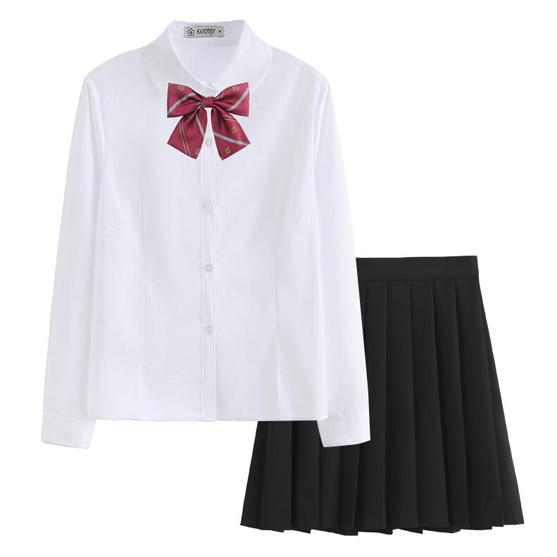 Japans schooluniform jk-shirt met korte mouwen, ronde hals en getailleerde taille | japanse orthodoxie shirt met peter pan-kraag en geplooide zwarte rok: Lange mouw / Xs