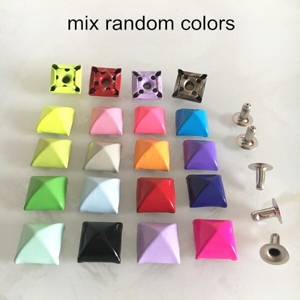 100 sets Plump Pyramid Rivet Spike With Base,12*12mm Square Metal Rivet Studs Punk Style DIY Rivets For Garments Decoration: mix random colors