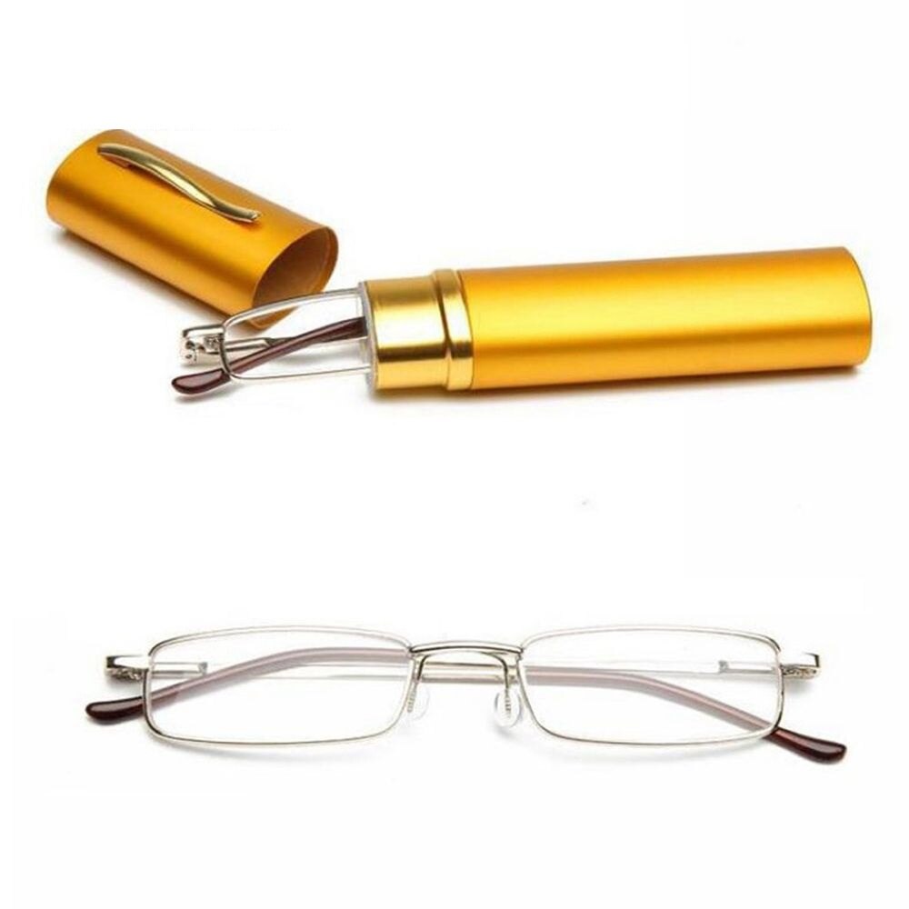 Unisex Rvs Frame Hars Leesbril 1.00-4.00 Met Tube Case Vouwen Anti Vermoeidheid Verziend Brillen: +350 / yellow