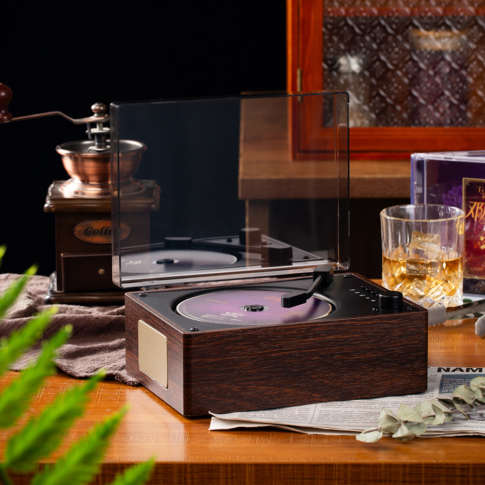 Rechargeable Retro CD Player Portable Music Player with 3.5mm AUX Desktop CD Player Gramophone Shaped CD Player