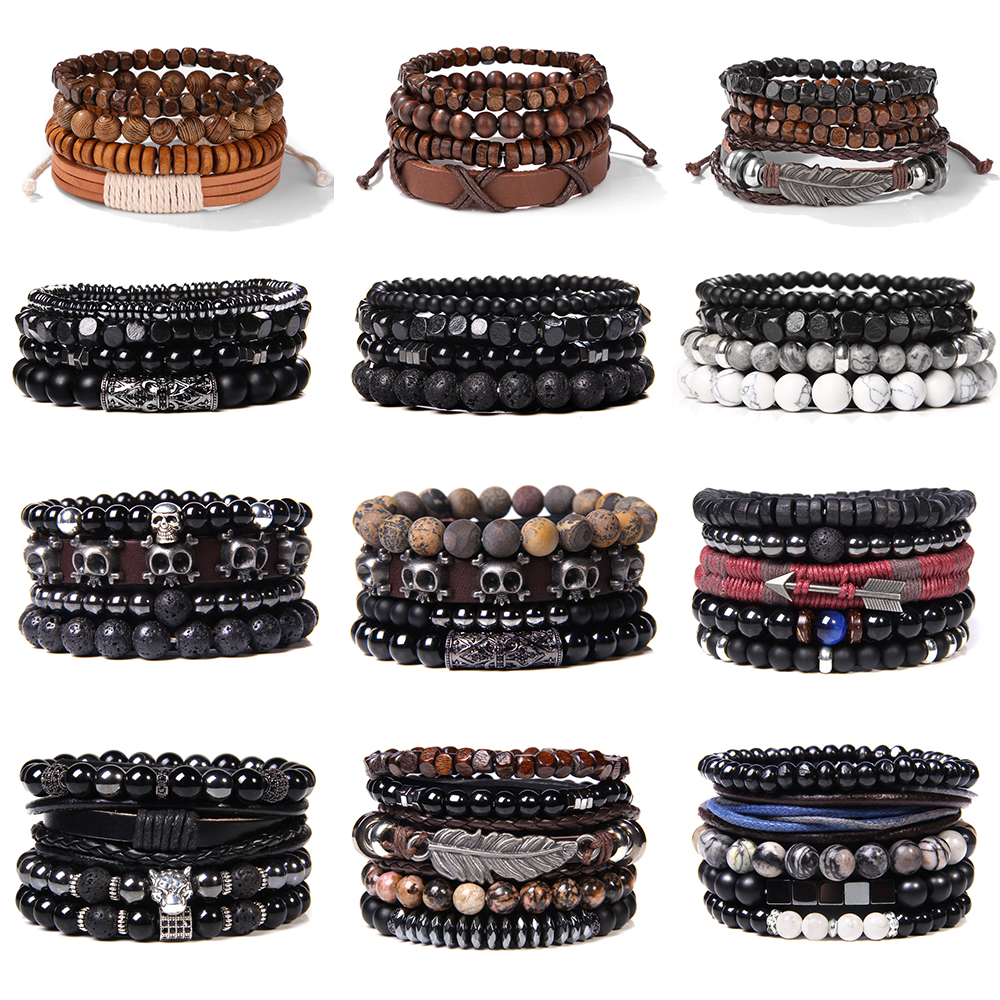 Pulsera de cuentas de madera multicapa para hombre, pulsera de cuerda de cuero marrón Vintage hecha a mano, pulseras nuevas étnicas, brazalete, de joyería 2024