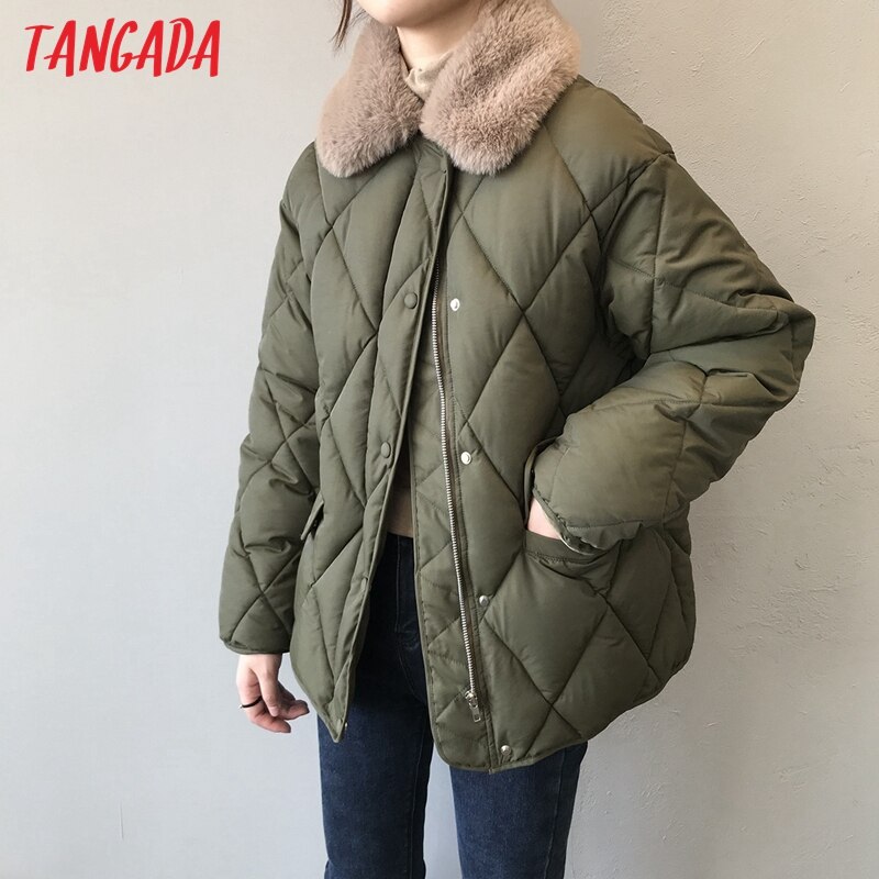 Tangada kvinnor solid lös pälskrage parkas tjock midja justera vinter långärmad dragkedja fickor kvinnlig överrock asf 74