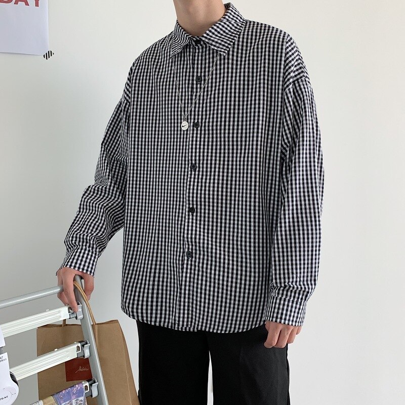 Men Shirts Plaid Long Sleeve Single Breasted Top Couple BF Harajuku Baggy All-match Ins Korean Style Classic Shirt Males Outwear