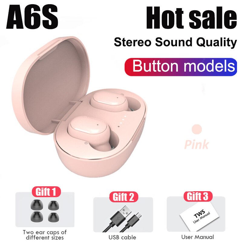 Écouteurs sans fil Bluetooth 5.0 A6S TWS, oreillettes de Sport, casque d'écoute stéréo avec Microphone, boîte de chargement, pour tous les Smartphones: Pink  with Box
