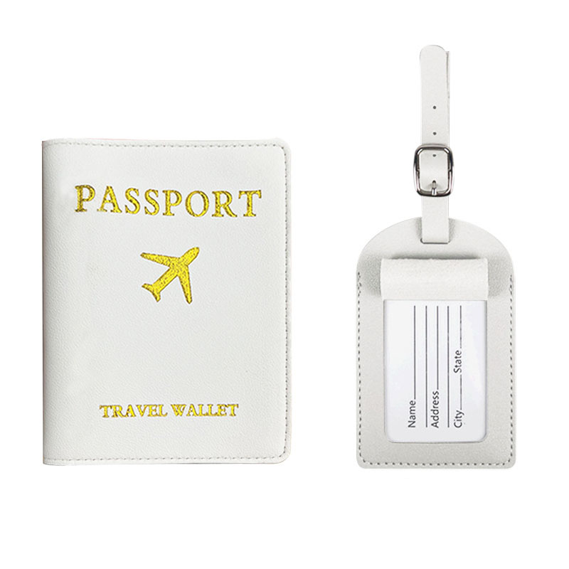 2Pcs/Set PU Travel Passport Cover Luggage Tag Suitcase Identifier Label Baggage Boarding Bag Tag Name ID Address Passport Holder: WHITE