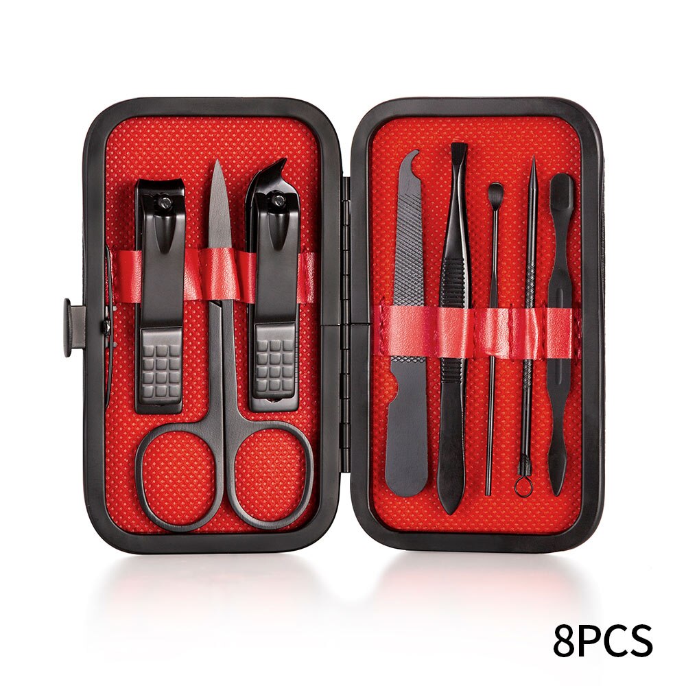 Nail Clippers Set Stainless Full Function Pedicure Tools Kit With Nail Scissors File Acne Needle Tweezers Earpick Manicure Tool: 8 pcs red