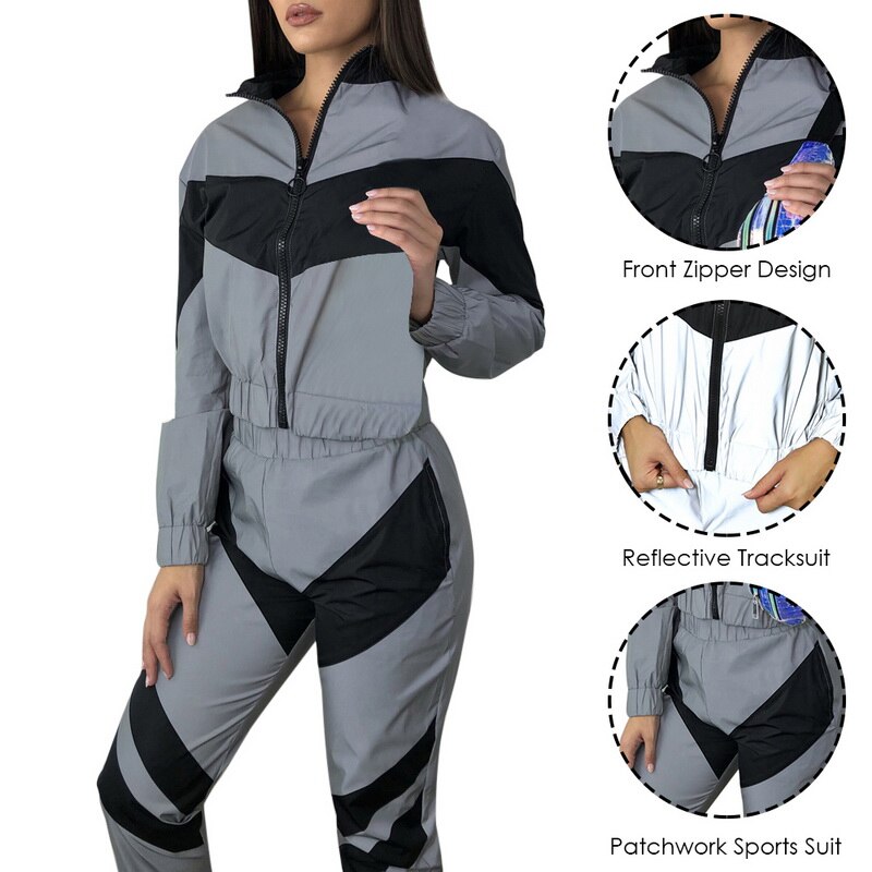 Women Reflective Tracksuit 2 Piece Outfits Sports Sets Spring Running Pants Splicing Long Sleeve Zipper Up Trench Top Suits