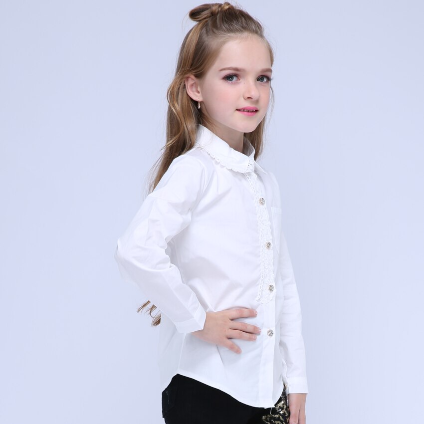 Tyttöjen pitsipaidat lapsille röyhelömyönäiset puserot syksyn lasten yksiväriset topit pitkähihaiset koulupaidat 4 8 9 12 vuotta tytöille valkoiset puserot