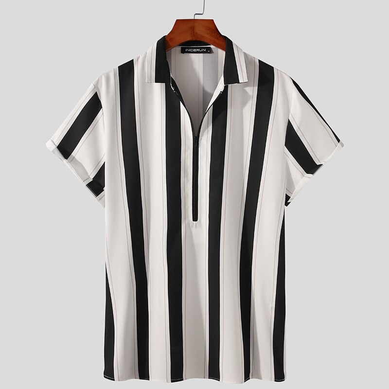 Men Striped Shirt Turn Down Collar Short Sleeve Casual Tops Streetwear Zipper Summer Breathable Camisas 5XL INCERUN: S