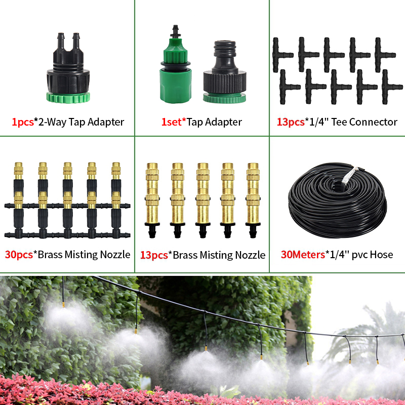 Sistema de enfriamiento por nebulización para exteriores, 10-30M, 4/7PVC, riego de jardín, boquillas atomizadoras de latón ajustables de 1/4 pulgadas, microaspersores