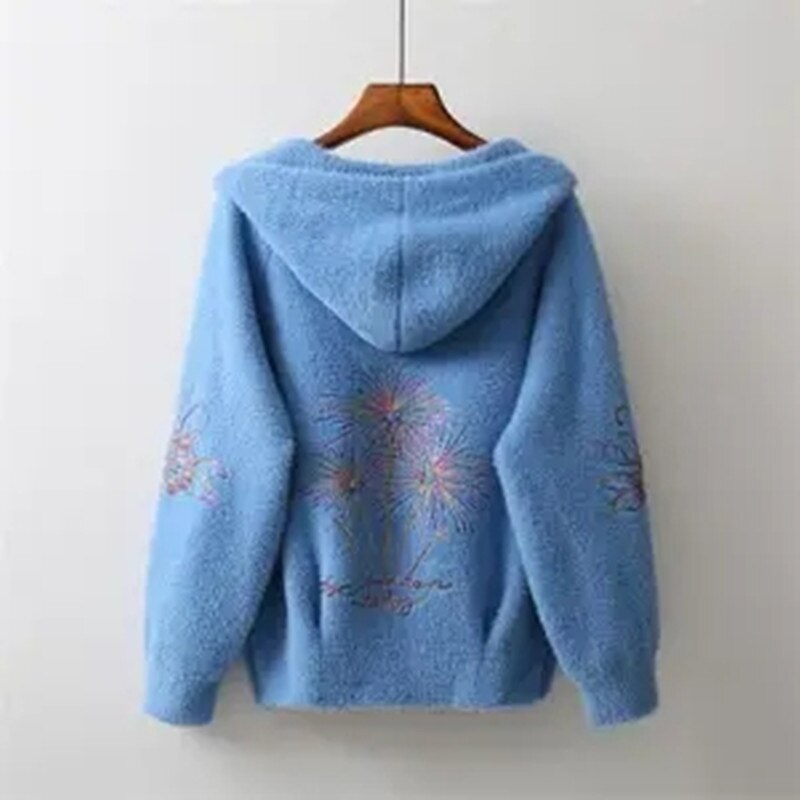 Vrouwen Jas Met Imitatie Nerts Fluwelen Jassen Korte Herfst En Winter Bloemen Mmbroidery Fluwelen Gebreid Vest Dikke: Blauw / XXL