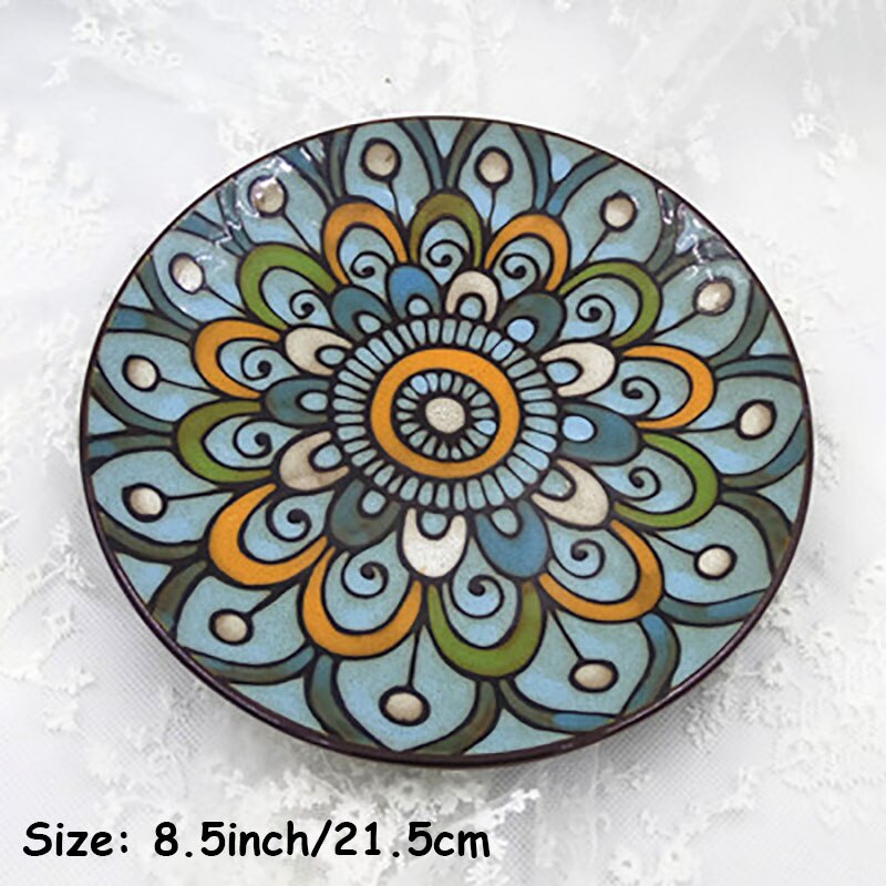 Keramisk blomstertallerken retro matbrett servisesett vestlig matfat rund salattallerken håndmalte flate tallerkener servise 1 stk.: K