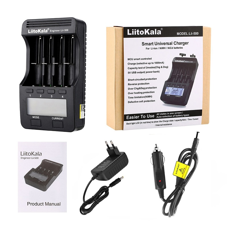 Liitokala Lii-500 Batterij Lader Met Lcd-scherm + 12V2A Adapter + Auto Chаrger 3.7V/1.2V Aa/aaa 18650/26650/16340/14500/10440/18500