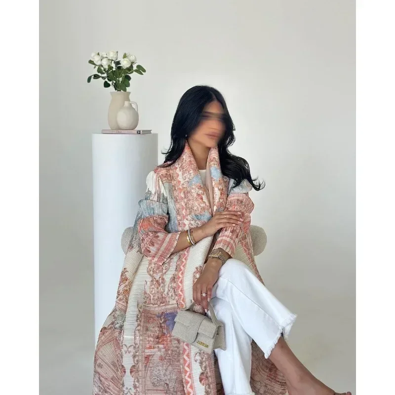 KAF Plissee Frauen Graben Mantel Jahrgang Gedruckt Strickjacke verlieren Plus Größe Frauen Lange Kleid Dubai Weibliche Luxus Abaya 2024