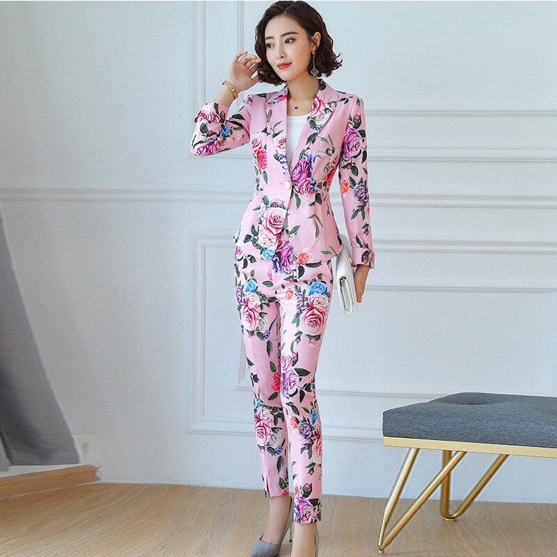 Flower Print Formal Suit Women Office Lady Blazer Set OL Blazers Jacket Uniform Long Sleeve Chinese Style Pants Suit B133