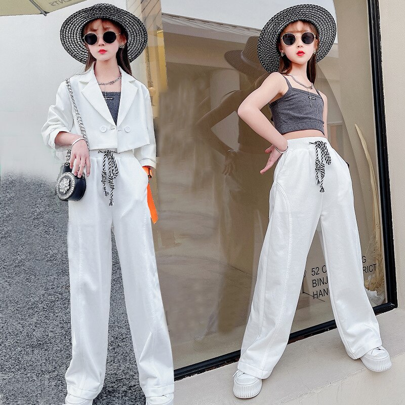 Meninas adolescentes ternos primavera verão 2022 conjunto colete jaqueta blazer calças 3 pçs terno branco para meninas roupas 10 12 13 14 y
