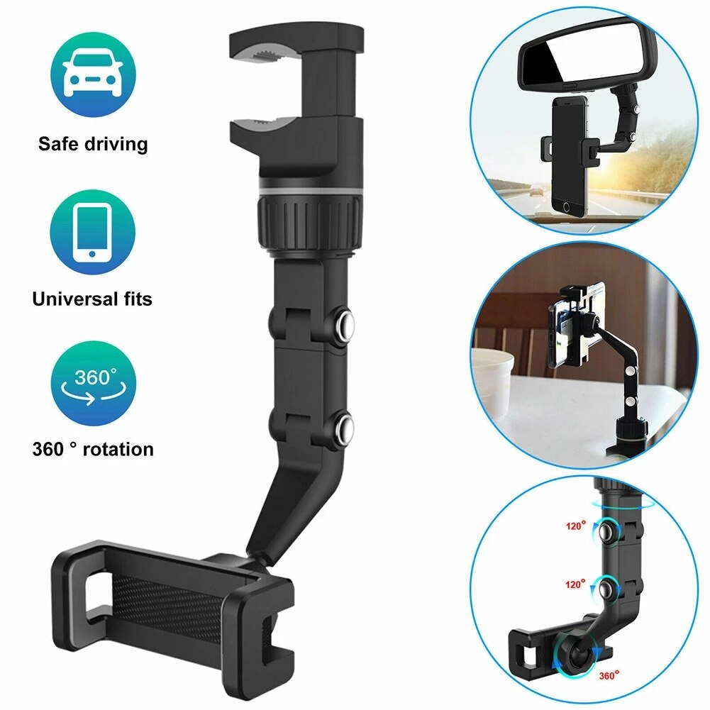 Car Phone Holder Multifunctional 360 Degree Rotatable Auto Rearview Mirror Seat Hanging Clip Bracket Cell Phone Holder for Car