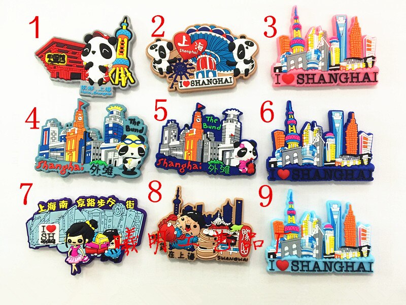 PVC de dibujos animados imanes de nevera de Shanghai Souvenir Shanghai paisaje arquitectónico Set de imanes para nevera Ideas de