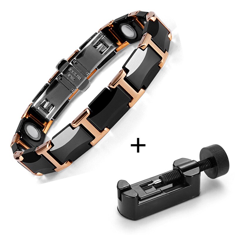 Rainso Black Ceramic Tungsten Steel Charm Magnetic Health Care Link Bracelets for Women with Gold color ORB-216-01BKG: RG bracelet adjust