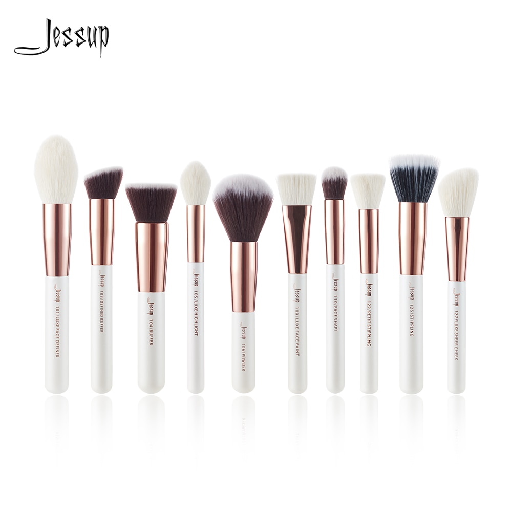 Jessup-pinceles de maquillaje, para base en polvo, maquillaje en polvo, color blanco perla/oro rosa, Definidor facial, pelo natural, 10 Uds.