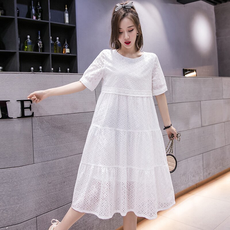 1730# Summer Chic Ins Cotton Lace Maternity Long Dress Hollow Out White Clothes for Pregnant Women Pregnancy Dress