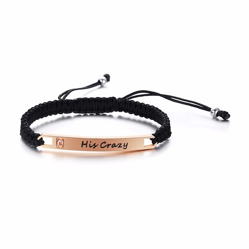 His Crazy Her Weirdo Stainless Steel Tag Couple Bracelet in Black Braided Rope Jewelry: 039Women