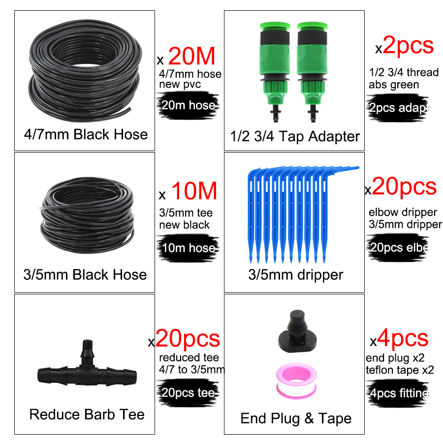 MUCIAKIE 50M 4/7 to 3/5MM Micro Drip Irrigation System Garden Bonsai Plant Dripper Watering Kits with 1/4 1/8'' PVC Hose Elbow