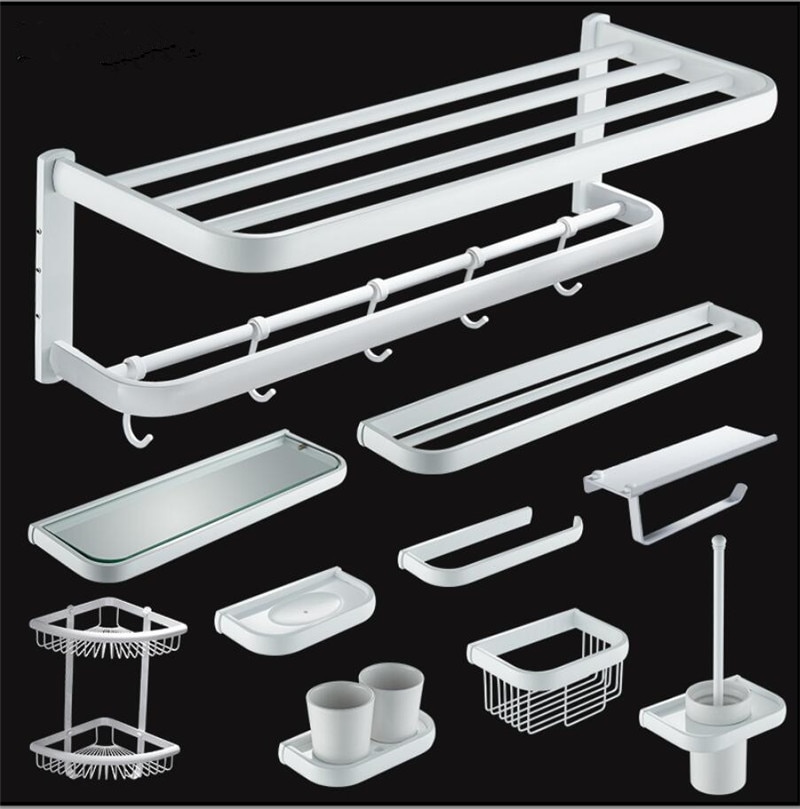 Badkamer Accessoires Set, Witte Vierkante Papier Houder, Handdoek Bar, Zeep Mand, Handdoekenrek, hoekplank, Haak, Badkamer Hardware Set