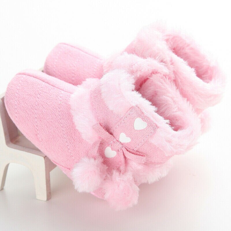 Baby Winter Warme Stiefel Nette Baby Mädchen Schuhe Kleinkind Weiche Sohle Schnee Stiefel Fuzzy Bälle Herzen Drucken Nette Prewalker 0-18M: Rosa / 7-12 Monate