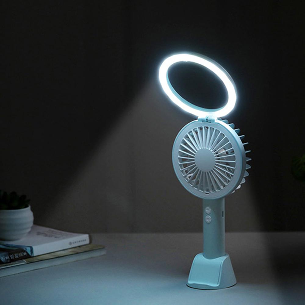 Mini Handheld Fan USB Rechargeable Handheld Desk Fan 3 Speed Adjustable Cooling Fan LED Ring Light with Phone Stand Base