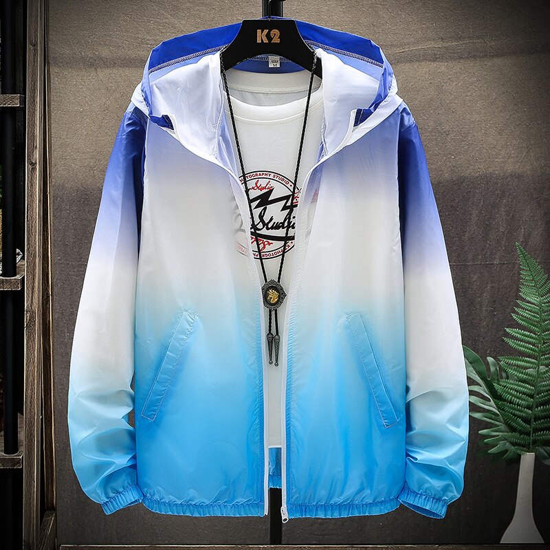 Veste d'été ultrafine pour homme, vêtement d'extérieur résistant au soleil, respirant, dégradé de couleurs, capuche, protection UV, coupe-vent,: dark blue / XXXL 75-85kg