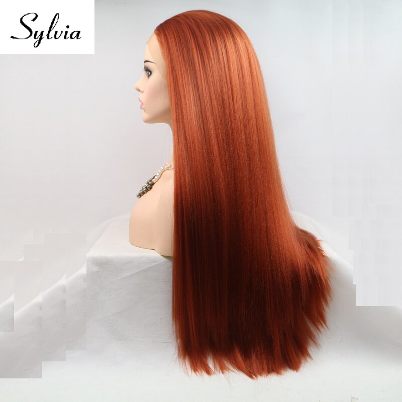 Sylvia 360# Red Brown Yaki Straight Synthetic Lace Front Wigs Natural Glueless Heat Resistant Fiber Hair for Woman