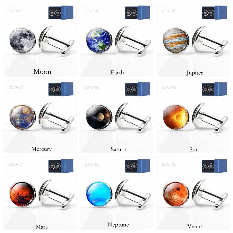 Solar- System Mond Mars Schmuck Männer der Manschettenknöpfe für Hemd Silber Überzogene Glas Cabochon Französisch Manschette Manschettenknöpfe Astronomie Schmuck