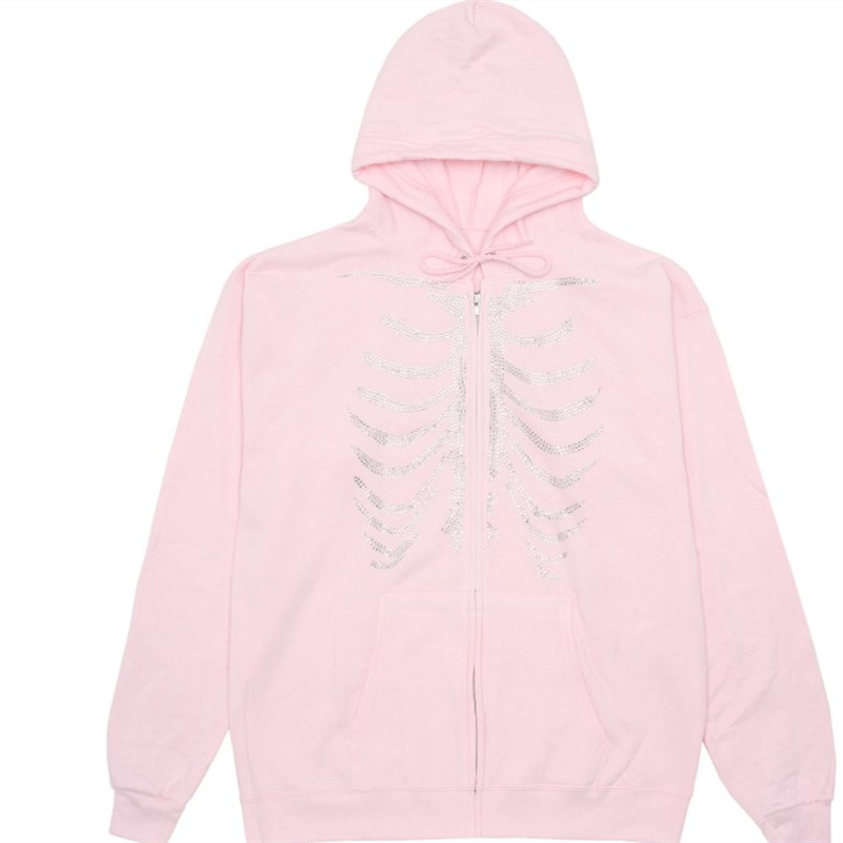 Women Hooded Sweater, Adults Skeleton Print Long Sleeve Zipper Cardigan with Pocket, Drawstring: S / Pink