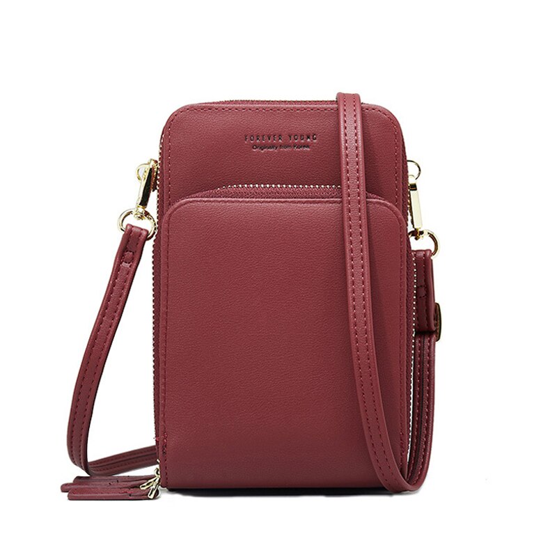 HEIßER 3 Schichten Große Kapazität Telefon Tasche Schulter Tasche Für Frauen Pu Leder Weibliche Kleine Umhängetaschen Damen Messenger Geldbörse: Wine Red