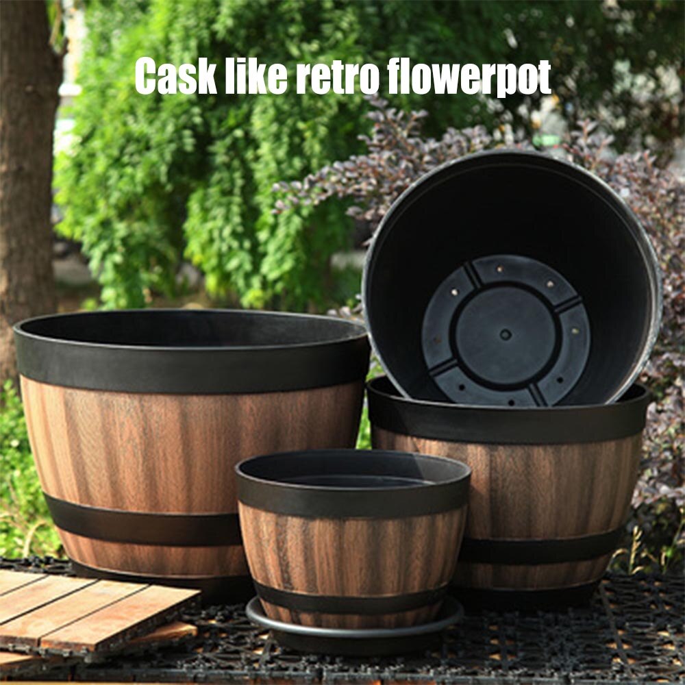 Pot de fleurs en résine Imitation baril, Pot de fleurs en plastique, grand Pot de plantation vert