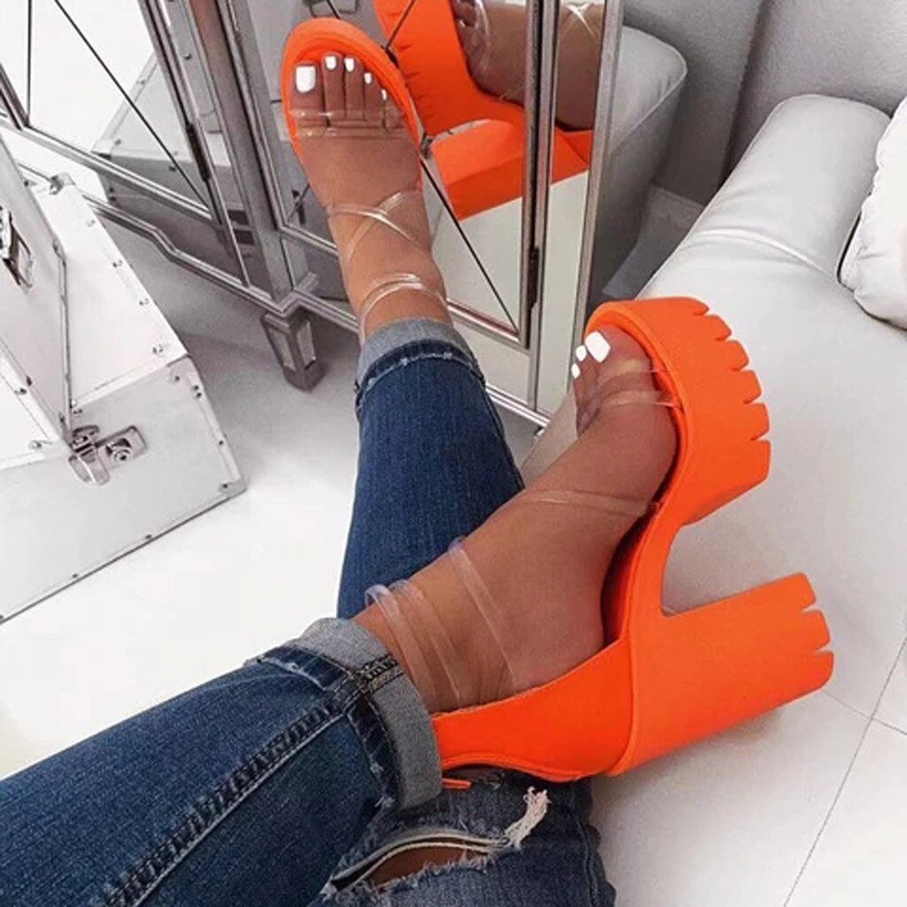 Sandaler dam chunky klackar med dragkedja vattentät plattform höga klackar skor sandaler svart orange fyrkantig klack