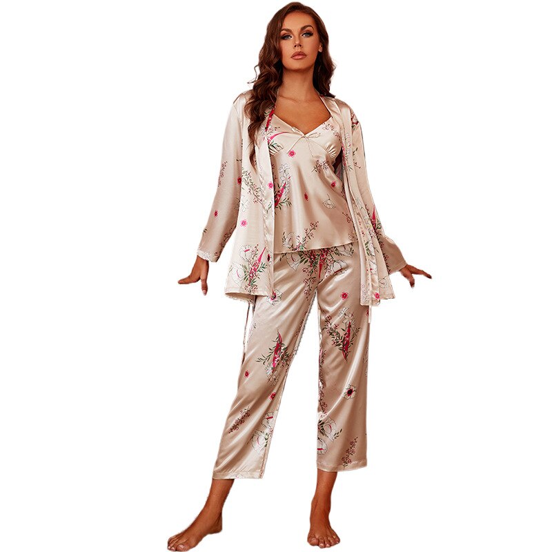 4Piece Summer Women's Silk Pajamas Suspenders Shorts Robe Trousers Sexy Nightgown Sleepwear Nightwear Set Night Gown