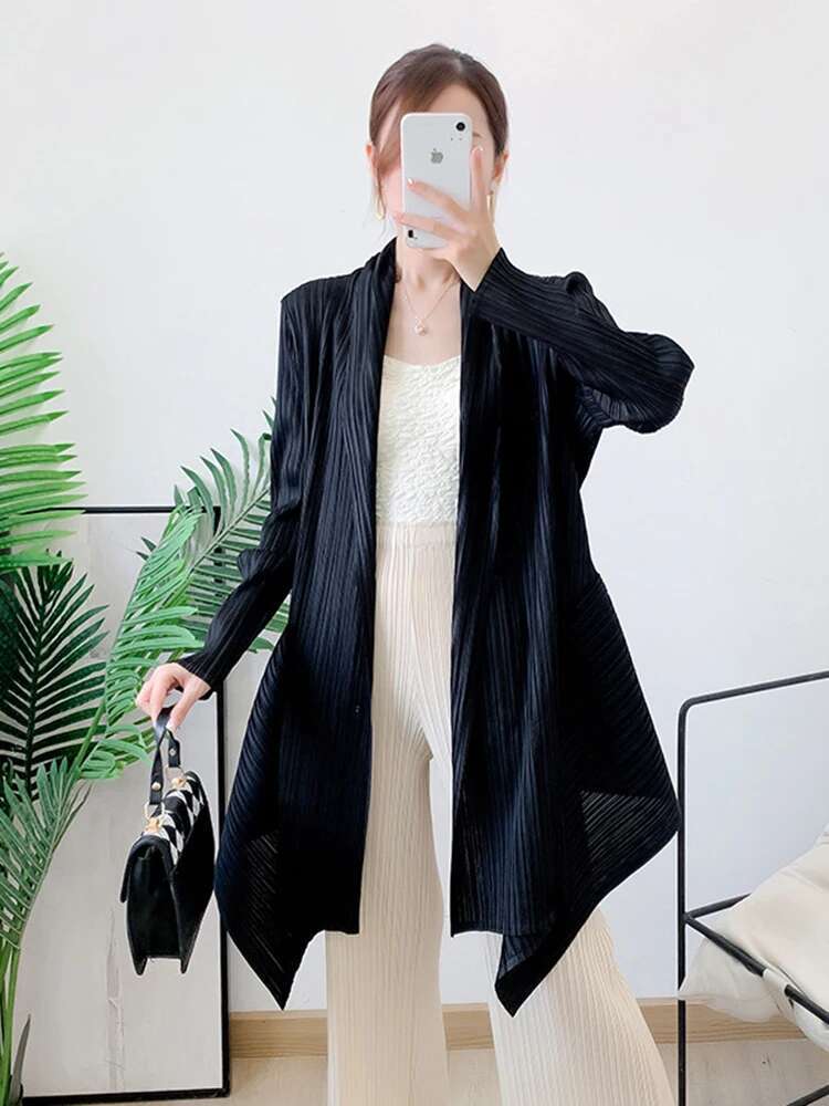 Lanmrem plissert trenchcoat cardigan vår tynn vindjakke langermet uregelmessig løs mellomlang kåpe 2 r 4617: Svart